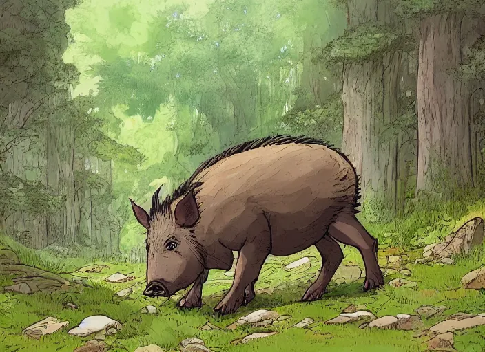 Prompt: a majestic boar in a mythical forest next to a pathway, by ghibli and miyasaki, flat, 2 d, illustration, great composition