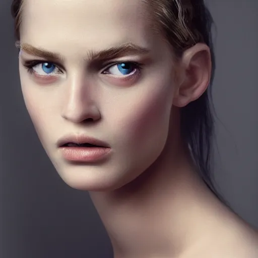 Image similar to portrait photography of world top model by annie leibovitz, perfect facial symmetry, dim volumetric cinematic lighting, 8 k, post - processing, extremely hyper - detailed, intricate, epic composition, masterpiece, stunning,