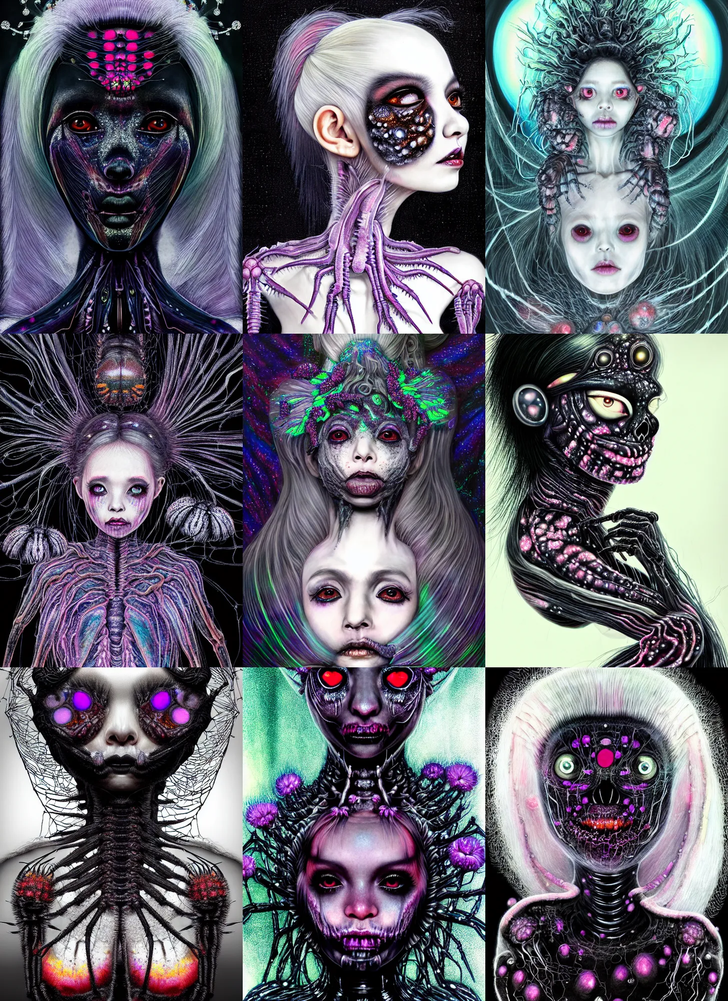 Prompt: hyper detailed concept like a dark Oil painting - kawaii full body portrait Aurora (a white haired tarantula headed shiny profile lithe borg queen cenobite practical effects) seen Eating of the Strangling network of (charcoal and ben day dots) and milky Fruit wearing spidersilk dress and Her delicate pedipalps hold of gossamer polyp blossoms bring iridescent Cronenberg fungal flowers whose spores black the foolish stars by Jacek Yerka, Ilya Kuvshinov, Glenn Barr, Mariusz Lewandowski, Houdini algorithmic generative render, Abstract brush strokes, Masterpiece, Edward Hopper and James Gilleard, Zdzislaw Beksinski, Mark Ryden, Wolfgang Lettl, hints of Yayoi Kasuma, octane render, 8k