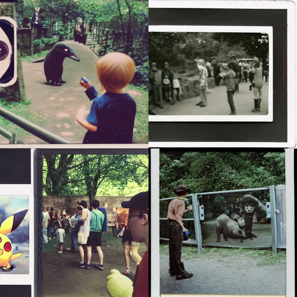 Image similar to A polaroid photo of a pokemon in a Zoo being watched by visitors