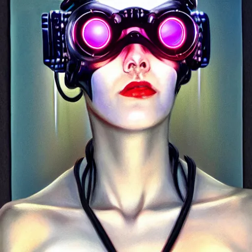 Prompt: portrait of a cyberpunk woman with glowing goggles, by gerald brom