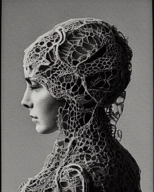 Image similar to a woman's face in profile, made of intricate lace skeleton, in the style of the dutch masters and gregory crewdson, dark and moody