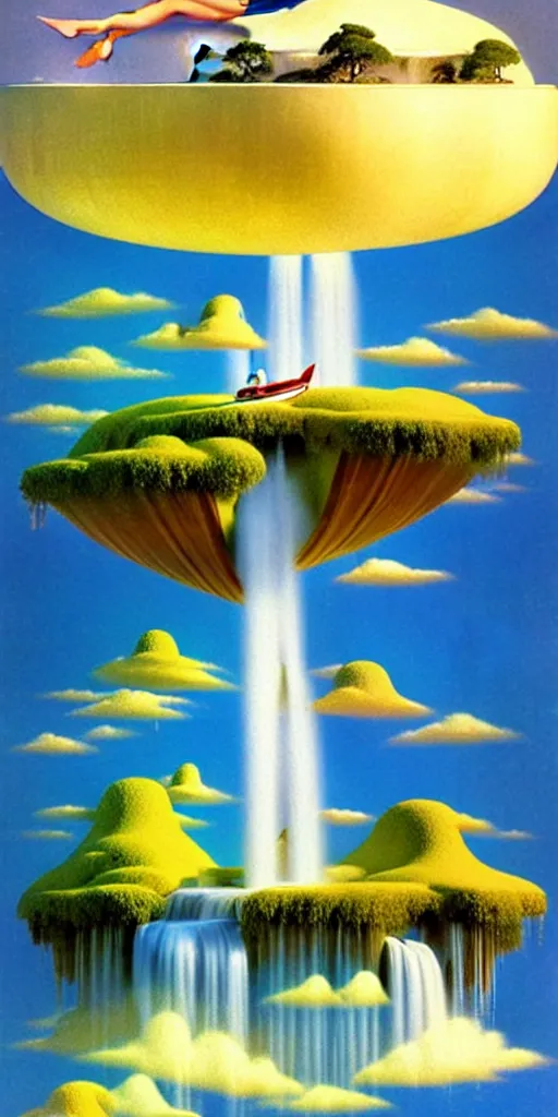 Image similar to floating island in the sky, with a waterfalls, 4k image, award winning by Gil Elvgren