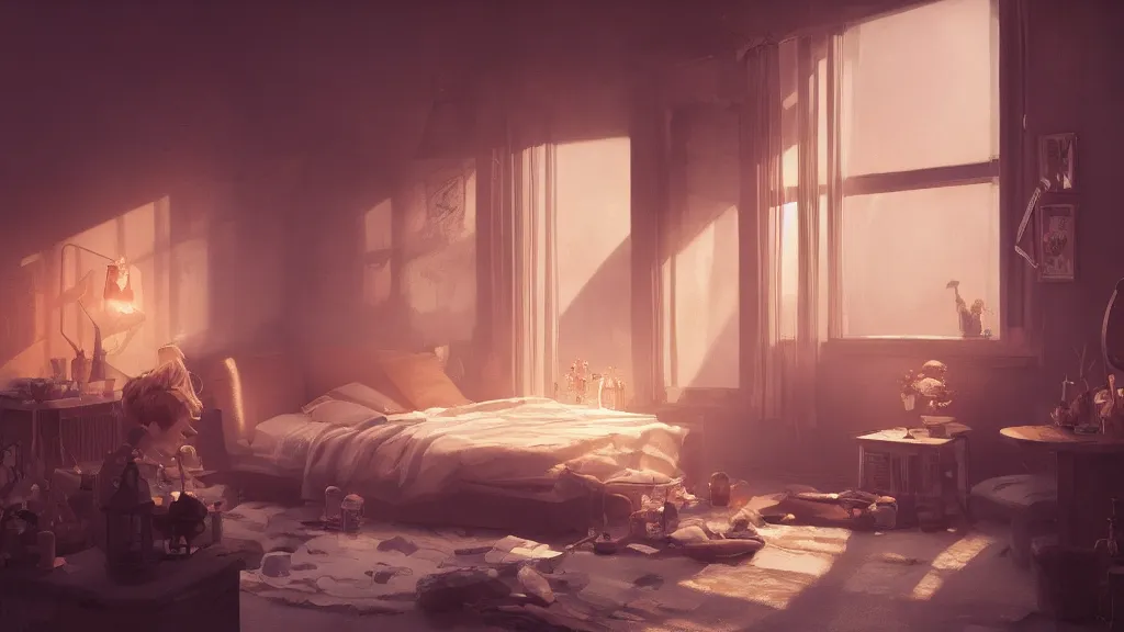 Image similar to a photorealistic hyperrealistic render of an interior of a beautifully decorated cozy bedroom by pixar, greg rutkowski, wlop, artgerm, dramatic moody sunset lighting, long shadows, volumetric, cinematic atmosphere, octane render, artstation, 8 k