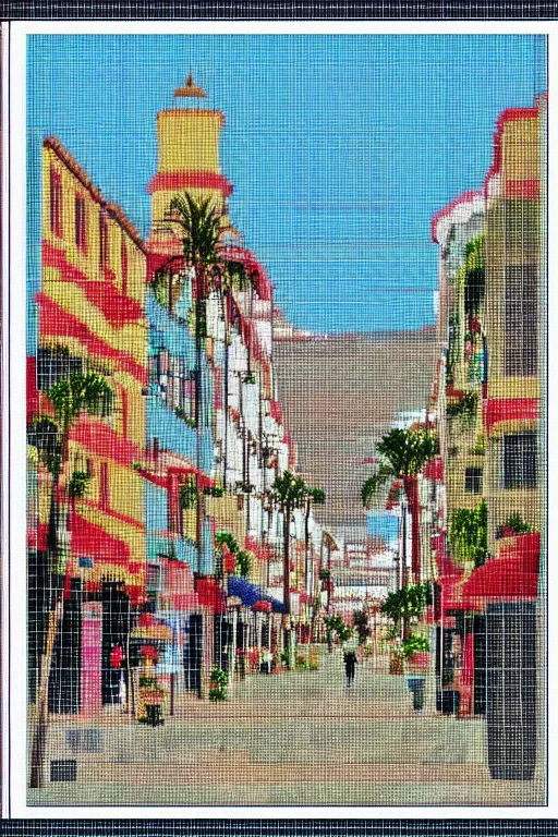 Prompt: cross stitch design playa calle triana in las palmas, hyperdetailed