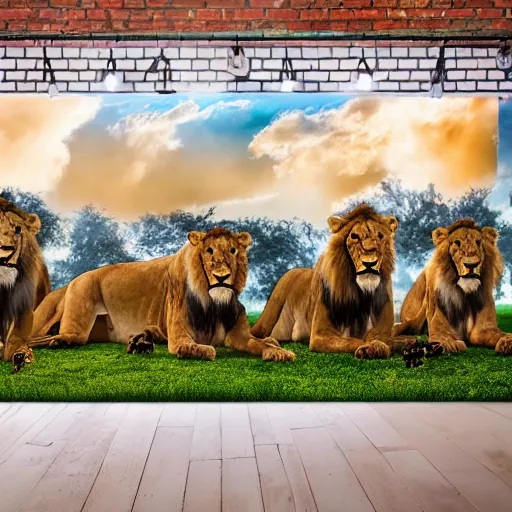 Image similar to award winning panoramic nature photography, a scenic picture of a birthday cake surrounded by lions. balloons are in the background. birthday party setting. extremely detailed lioness. hyperrealistic, 8 k