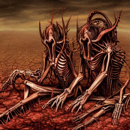 Image similar to conjoined demon twins sitting legs crossed in a desert hellscape covered in gore by Yoshitaka Amano, by HR Giger, biomechanical, 4k, hyper detailed, hyperrealism, anime, a Broken World demons flying overhead, red sky, blood and body parts, deviantart, artstation