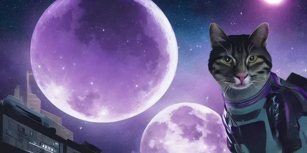 Prompt: A cat in sifi spacesuit looking down on Gotham city, purple night, giant moon in sky, hyperdetailed, dynamic scene, comics