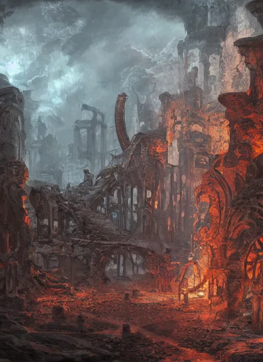 Prompt: ruins in hell, oil painting by tomasz jedruszek, cinematic lighting, pen and ink, intricate line, hd, 4 k, million of likes, trending on artstation