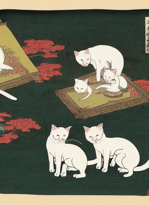 Image similar to whitecat with 2 baby white cats of utagawa hiroshige, digital painting 4 k uhd image, highly detailed