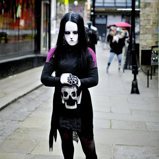 Image similar to A goth emo girl loitering around a British high street, 2006