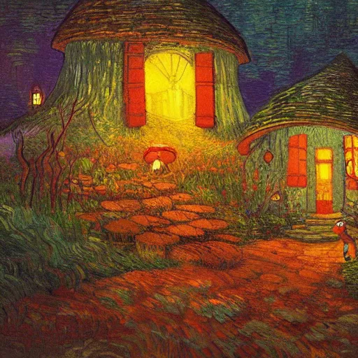 Image similar to mysterious detailed painting of a fairytale cottage in the woods at night, surrounded by giant glowing mushrooms, in the style of studio ghibli and moebius and claude monet and edward hopper and vincent van gogh