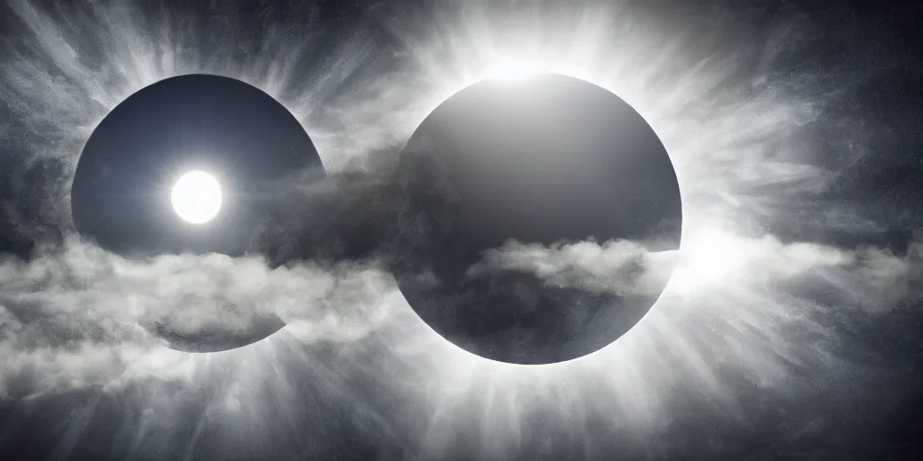 Prompt: solar eclipse, a triangular moon, sun rays, fog, photorealistic, calm environment