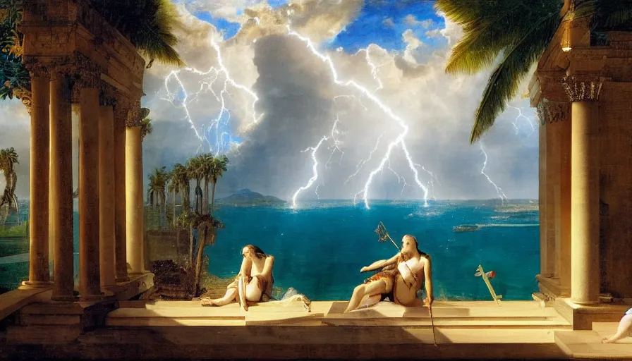 Image similar to From Inside the giant Palace, mediterranean balustrade and columns, refracted line and sparkles, thunderstorm, greek pool, beach and Tropical vegetation on the background major arcana sky and occult symbols, by paul delaroche, hyperrealistic 4k uhd, award-winning, very detailed paradise