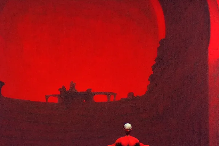 Image similar to only with red, a red melted emperor, taormina amphitheatre, crowd hails him, in the style of beksinski, parts by edward hopper, parts by rodcenko, parts by yue minjun, intricate and epic composition, red by caravaggio, insanely quality, highly detailed, masterpiece, red light, artstation, 4 k