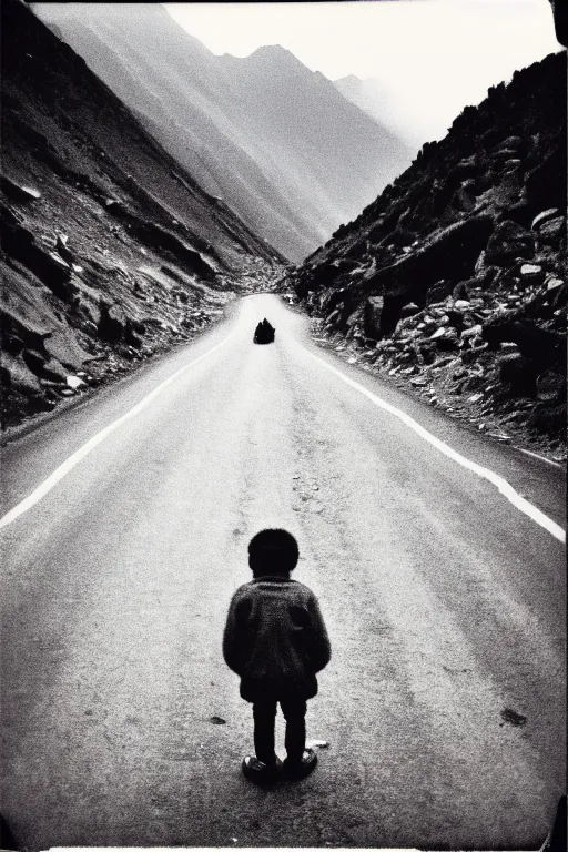 Image similar to photo polaroid of a sad and lonely child in the middle of a mountain road , Nepal,Himalayas, loneliness,,tahr , black and white ,photorealistic, 35mm film,