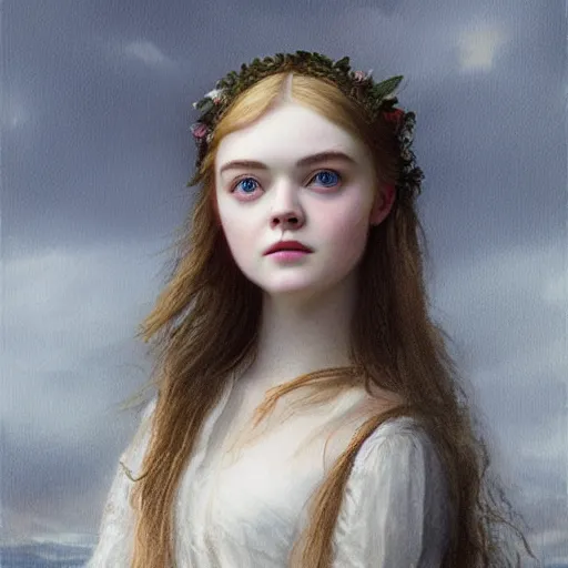 Image similar to Elle Fanning in the style of Sophie Anderson, head and shoulders portrait, stormy weather, extremely detailed masterpiece,