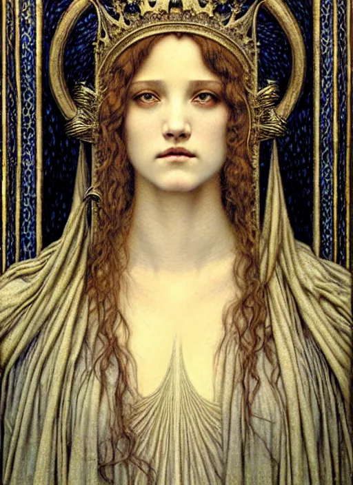 Image similar to detailed realistic beautiful young medieval queen face portrait by jean delville, gustave dore and marco mazzoni, art nouveau, symbolist, visionary, gothic, pre - raphaelite. horizontal symmetry