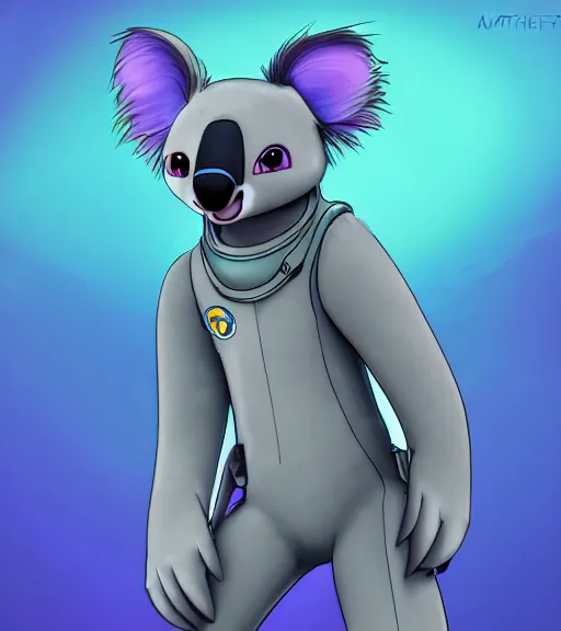 Image similar to digital detailed full body of anthromorphic female koala, in style of zootopia, fursona, furry, furaffinity, 4 k, deviantart, wearing astronaut outfit, in style of zootopia, floating in space, space background, in deep space, dark background, hyena fursona, cyberpunk, female, detailed face,