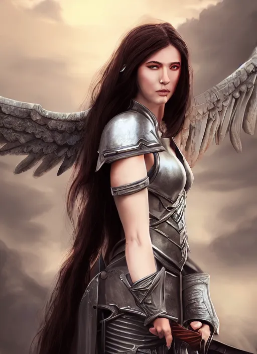 Image similar to An epic fantasy comic book style portrait painting of a pale girl with long black hair, she is wearing a knight armor, white angel wings, holding a sword, Unreal 5, DAZ, hyperrealistic, octane render, cosplay, RPG portrait, dynamic lighting