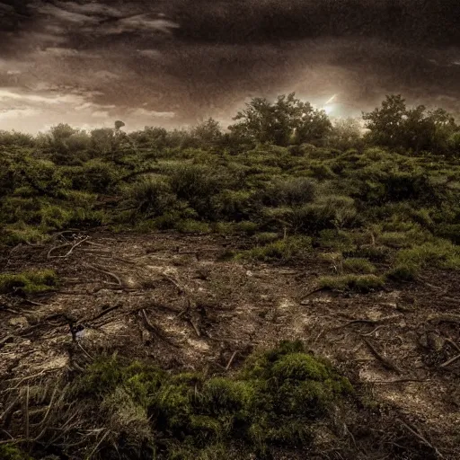 Image similar to an overgrown unpopulated landscape barren and post apocalyptic, studio lighting, realistic, high detail