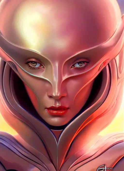 Prompt: face of a beautiful alien woman wearing shiny plastic armor in the style of roger dean and alberto vargas and stefan kostic, realistic, sharp focus, 8 k high definition, insanely detailed, intricate, elegant, art by greg rutkowski and artgerm, extreme blur coral reef background