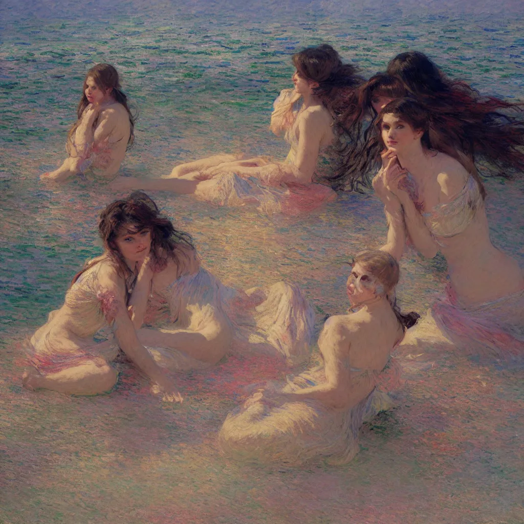 Image similar to illustration studio portrait of three beautiful girl in an artistic pose resting in the beach, monet painterly motives and textures pattern, hyper detailed, octane render, vivid colors, artstation, by jeremy mann, by alphonse mucha, by monet