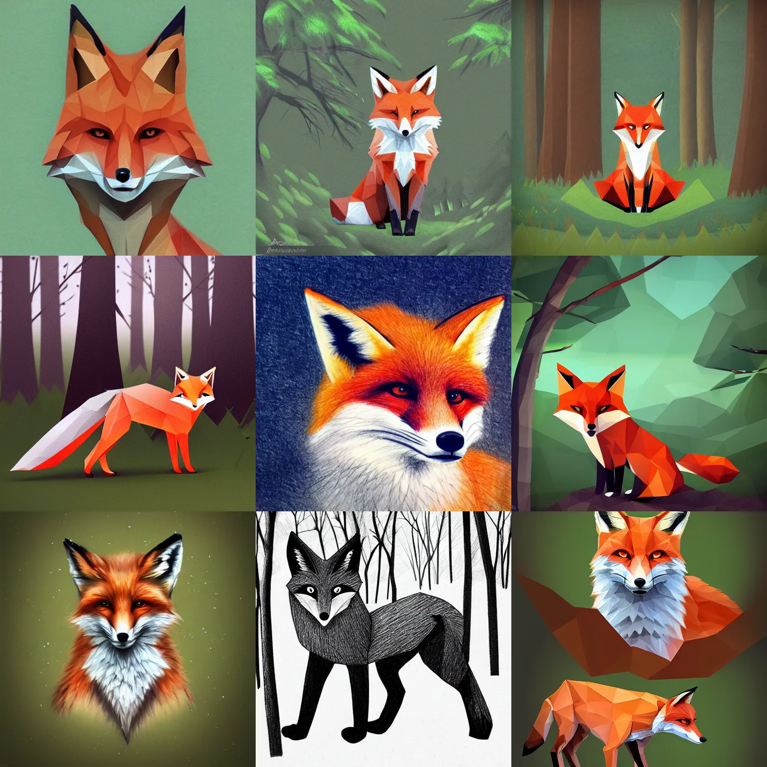 Prompt: beautiful drawing of low poly fox in the woods, trending on artstation, masterpiece