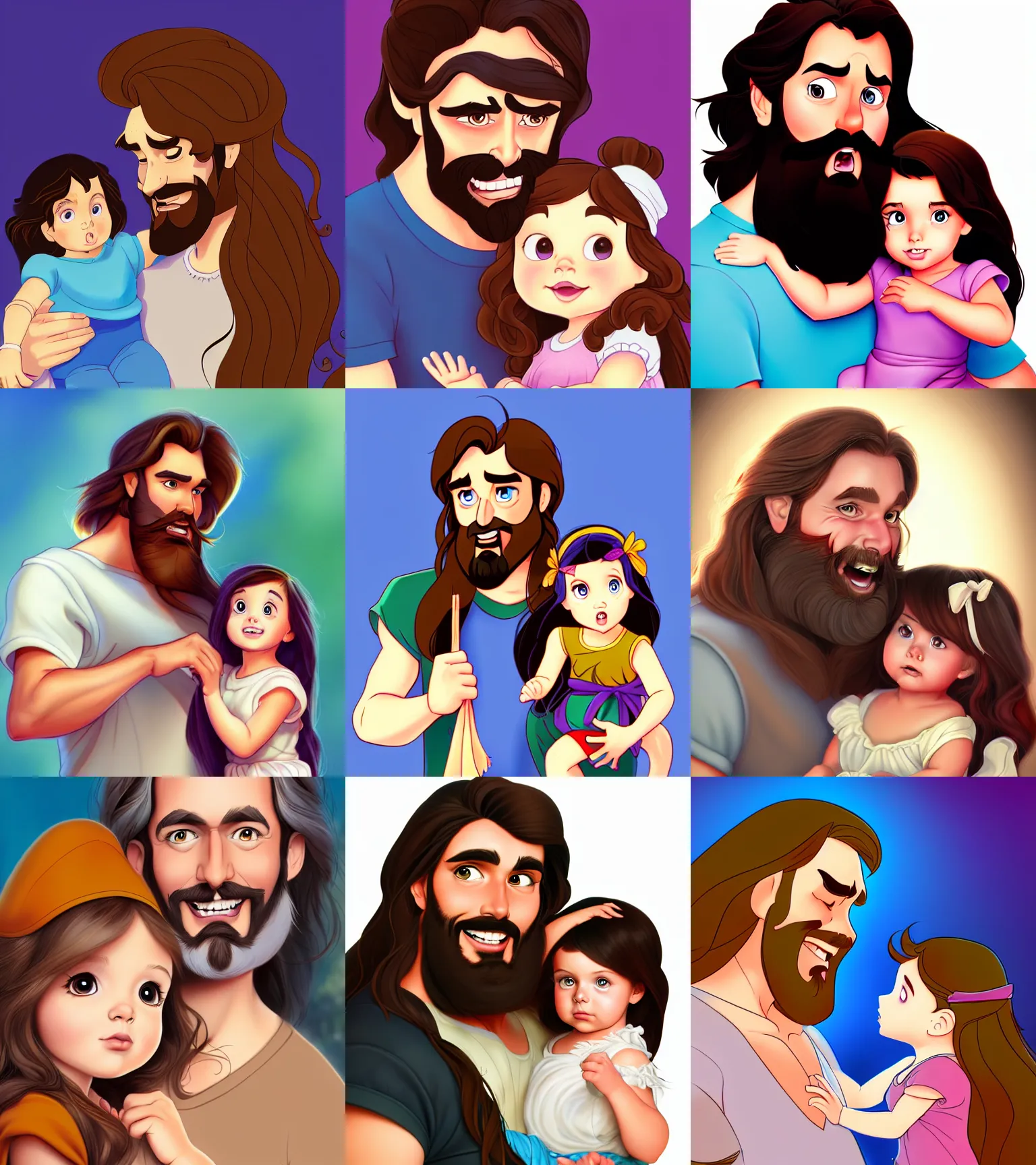 Image similar to a long - haired bearded father and his brunette child toddler girl full color digital illustration in the style of don bluth, artgerm, artstation trending, 4 k