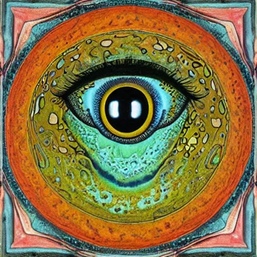 Image similar to A beautiful mixed mediart a large eye that is looking directly at the viewer. The eye is composed of a myriad of colors and patterns, and it is surrounded by smaller eyes. The smaller eyes appear to be in a state of hypnosis, and they are looking in different directions. lawn green by James C. Christensen casual, sad