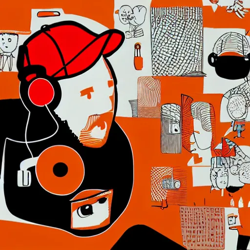 Image similar to streamer on twitch with black hat, stubble, ginger hair, orange hair, black cap, stubbles, red headphones, in the style of tatsuro kiuchi, art, abstract