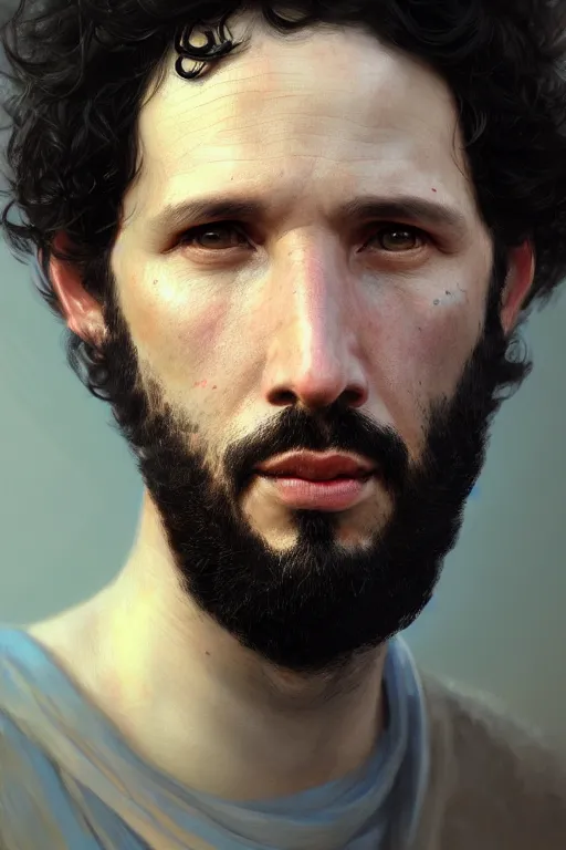 Image similar to ultra detailed close up facial portrait of bret mckenzie, extremely detailed digital painting, in the style of fenghua zhong and ruan jia and jeremy lipking and peter mohrbacher, mystical colors, rim light, beautiful lighting, 8 k, stunning scene, raytracing, octane, trending on artstation