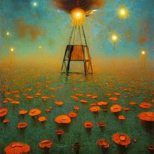 Image similar to detailed painting of a satellite station, exterior, floral ornaments, volumetrics lights, beam of bright lights through the clouds, beksinski, bougeureau