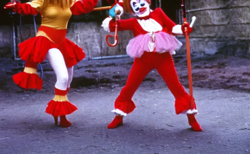 Image similar to 7 0 s movie still of jenny mccarthy in a clown outfit batting an octopus with nunchucks, kodachrome, cinecolor, cinestill, highly detailed, photorealistic, cinematic, film grain,