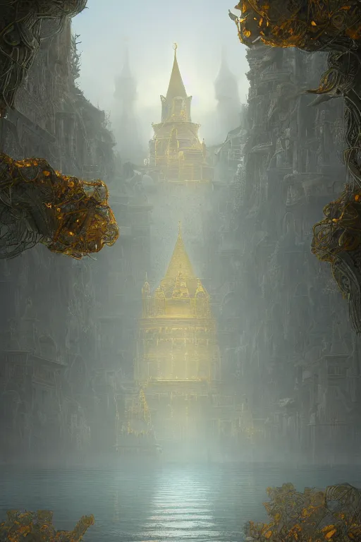 Image similar to vanishing point palace is like the kremlin covered with golden roses on a lake, viewed from afar, stephen bliss, misty, unreal engine, fantasy art by greg rutkowski, loish, ferdinand knab, and lois van rossdraws,, global illumination, radiant light, minimalist, detailed and intricate environment