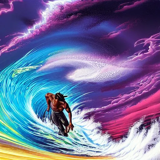 Prompt: a wide angle dynamic action photo of a black man with dreadlocks surfing an opal barrel wave, neon lightning storm, by clark little and rhads in a surreal style, concept art by artgerm, ( wave porn ), highly detailed, infinite intricacy fractal, sunset