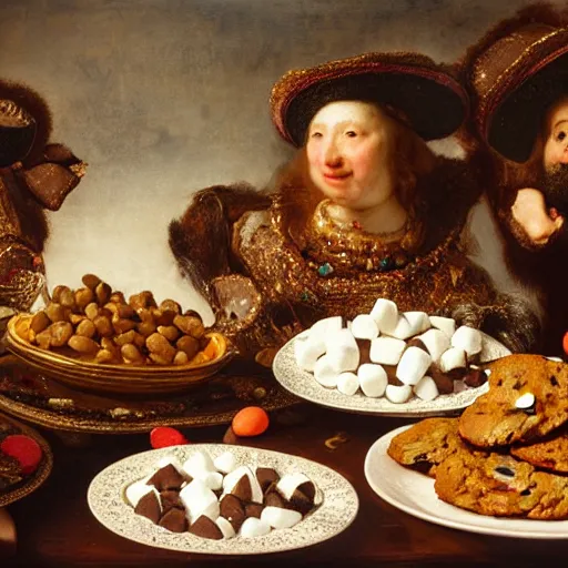 Prompt: opulent banquet of plates of freshly baked chocolate chip cookies, jelly beans, chocolate sauce, marshmallows, highly detailed, food photography, art by rembrandt