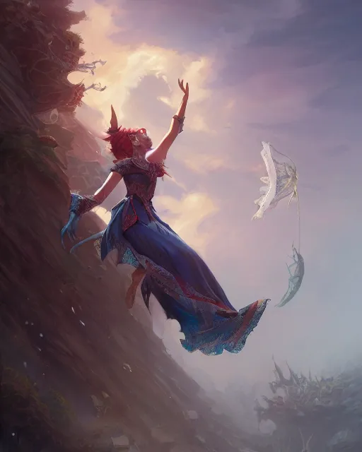 Image similar to princess falling, highly detailed, d & d, fantasy, highly detailed, digital painting, trending on artstation, concept art, sharp focus, illustration, global illumination, shaded, art by artgerm and greg rutkowski and fuji choko and viktoria gavrilenko and hoang lap