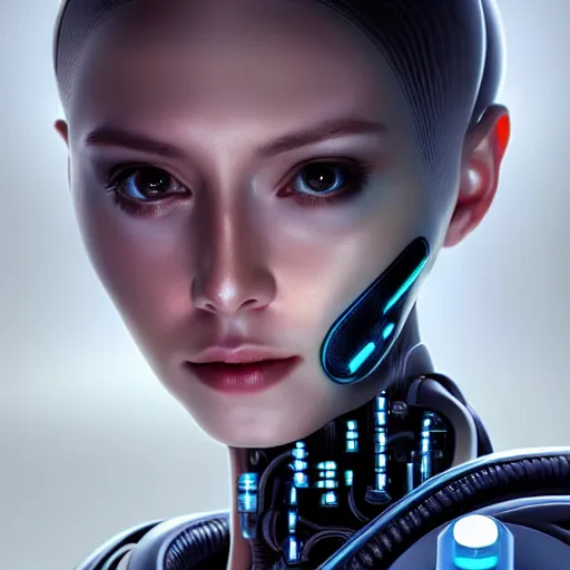 Image similar to centered portrait of an ultra detailed Mechanical Cyberpunk Female Android, looking into the camera!!, intricate, elegant, super highly detailed, professional digital painting, artstation, concept art, smooth, sharp focus, no blur, no dof, extreme illustration, Unreal Engine 5, Photorealism, 8k, cinematic, art by artgerm and greg rutkowski and alphonse mucha and loish and WLOP