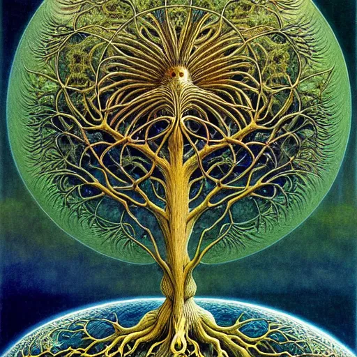 Prompt: tree of life by roger dean and andrew ferez, art forms of nature by ernst haeckel, divine chaos engine, symbolist, visionary, art nouveau, botanical fractal structures, lightning, surreality, lichtenberg figure, daniel merriam