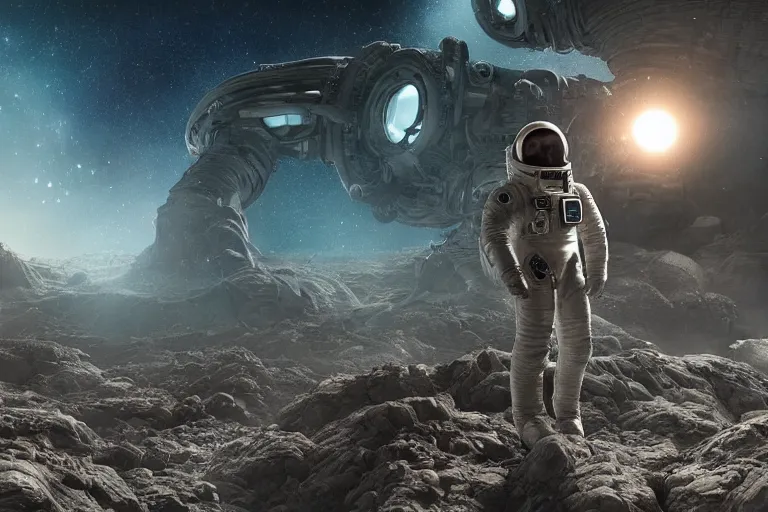 Image similar to distant low angel photograph of an astronaut exploring an abandoned alien planet with alien skeletons, alien skulls, fallen kingdom city ruins, science fiction, detailed space suit, cinematic, hypermaximalist, detailed, 4k, 8k, breathtaking stars, surrealism, distant, concept art, digital art, sharp focus, reflections, RTX, octane render, acid pixie, Trending on DeviantArt