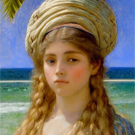 Image similar to a ultradetailed beautiful painting of a girl in the amazonas palace balustrade designed by jules bastien - lepage, tarsila do amaral, frank weston and gustave baumann, beach, trending on artstation, mediterranean, palm trees, hyper detailed face, sharp focus, soft light, 8 k 4 k