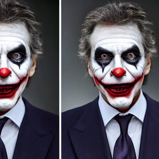 Prompt: Mauricio Macri in Elaborate Joker Makeup and prosthetics designed by Rick Baker, Hyperreal, Head Shots Photographed in the Style of Annie Leibovitz, Studio Lighting, Mauricio Macri with an angry cat in his hand n 6