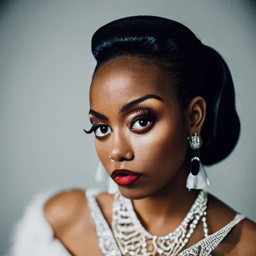 Image similar to portrait photograph of an glamorous black woman wearing a dress in a ballroom. super resolution. 85 mm f1.8 lens.bokeh.graflex. Alessio albi