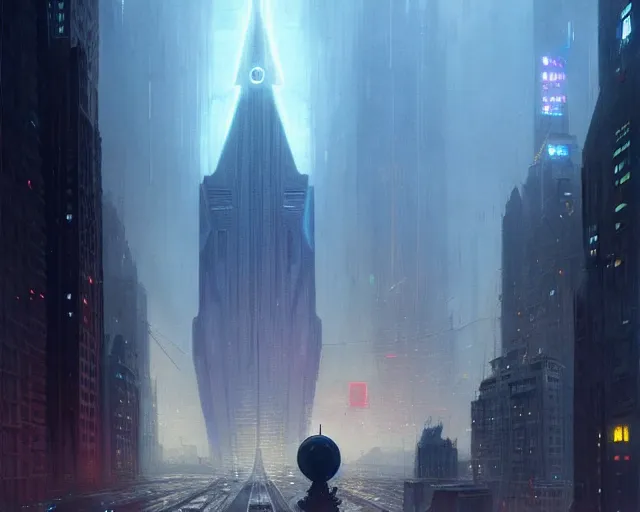 Image similar to great city being watched over by an all-seeing malevolent AI, a sci-fi digital painting by Greg Rutkowski and James Gurney, trending on Artstation, eerily beautiful, highly detailed