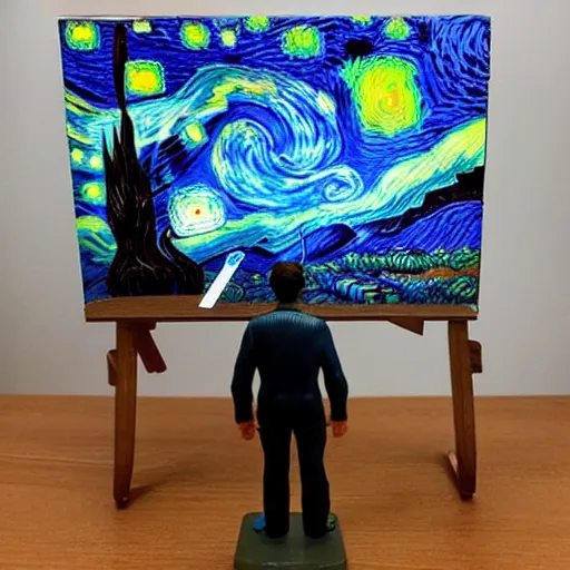 Image similar to prisoner vincent van gogh standing next to his painting starry night which is on an easel, stop motion vinyl action figure, plastic, toy, butcher billy style