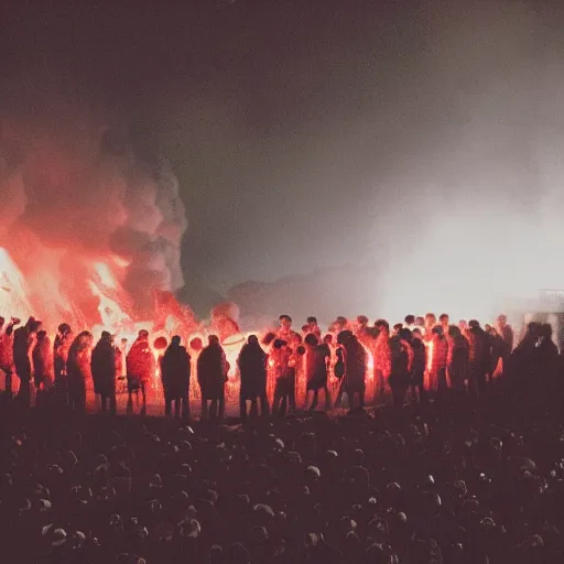 Image similar to a crowd of people standing in front of a fire, a flemish baroque by elsa bleda, unsplash, nuclear art, hellish, dystopian art, volumetric lighting