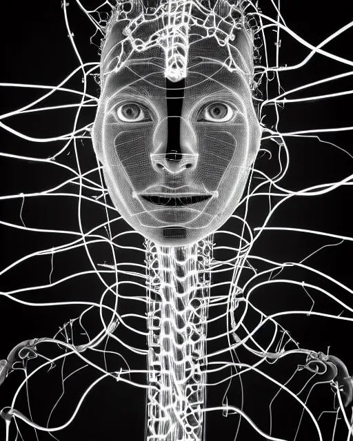 Image similar to black and white cyborg - plant goddess high quality photo, microchip, artificial intelligence, bio - mechanical bio - luminescence, black wired cables, neurons, nerve cells, cinematic, rim light, photo - realistic, high detail, 8 k, masterpiece, high fashion, in the style of dora maar