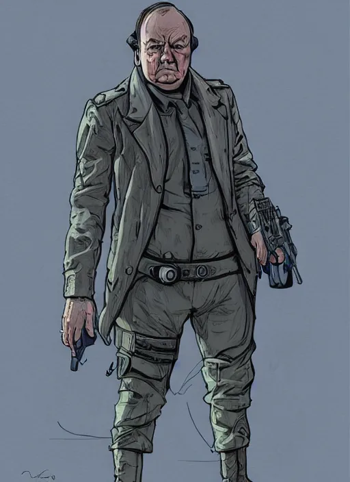 Image similar to winston churchill. cyberpunk mercenary in tactical harness and jumpsuit. portrait by stonehouse and mœbius and will eisner and gil elvgren and pixar. realistic proportions. dystopian. cyberpunk 2 0 7 7, apex, blade runner 2 0 4 9 concept art. cel shading. attractive face. thick lines.