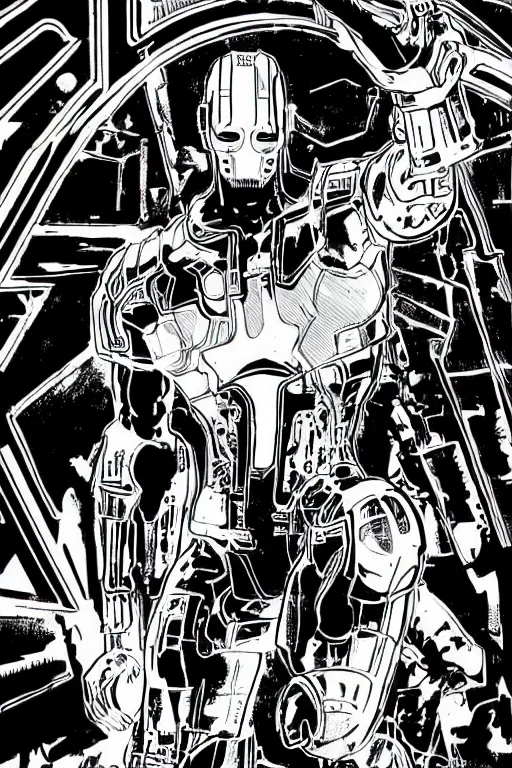 Image similar to ultron, a page from cyberpunk 2 0 2 0, style of paolo parente, style of mike jackson, 1 9 9 0 s comic book style, white background, ink drawing, black and white